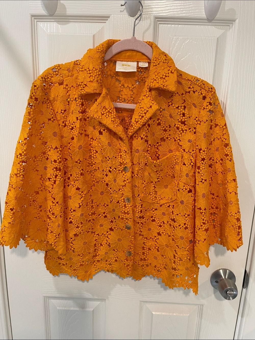 Anthropologie Floral Lace Shirt in Bright Orange size xS